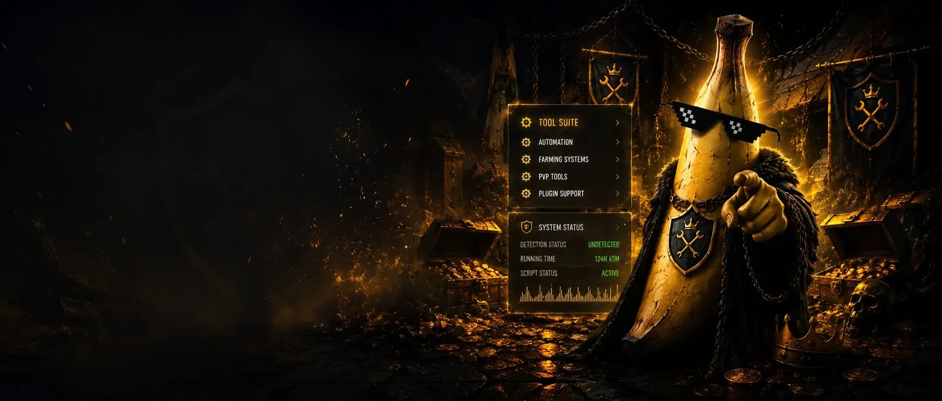 Banana Tools branded hero background showing gaming automation software interface